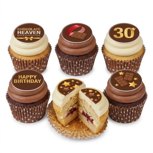 Assortment of chocolate and vanilla cupcakes with chocolate bar, stars, 'Happy Birthday' and custom age toppers. One cupcake is cut open revealing a jam filling.