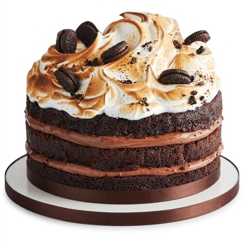 Three-layer chocolate cake with chocolate filling, toasted meringue, and Oreo cookies on top.