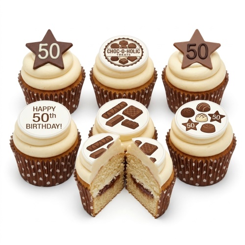 Chocolate themed birthday cupcakes with star toppers and custom age, and various chocolate designs.