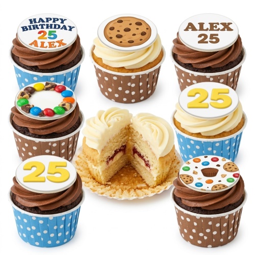 Assortment of chocolate and vanilla cupcakes with cookie and M&M themed toppers, some with custom age and name examples.