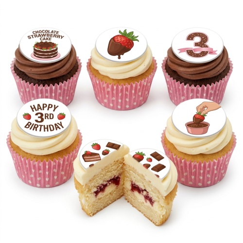 Cupcakes with chocolate and vanilla frosting, topped with chocolate-dipped strawberries, cake slices, and a custom age '3' topper.