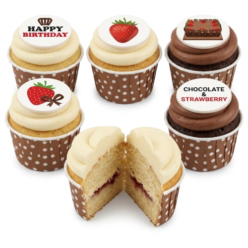 Assortment of birthday cupcakes with strawberry and chocolate themed toppers, some with "Happy Birthday" message.
