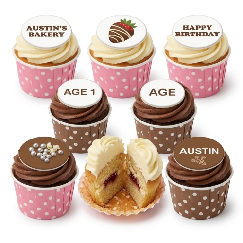 Assorted birthday cupcakes with custom age, name, and message toppers, in pink and brown polka dot cases.