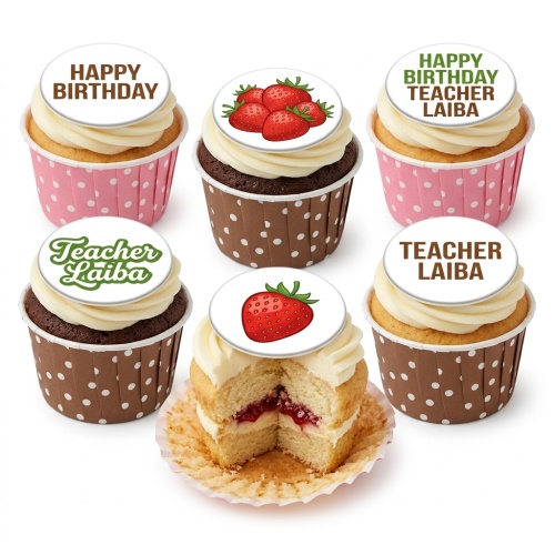 Vanilla and chocolate cupcakes with strawberry and custom message toppers.
