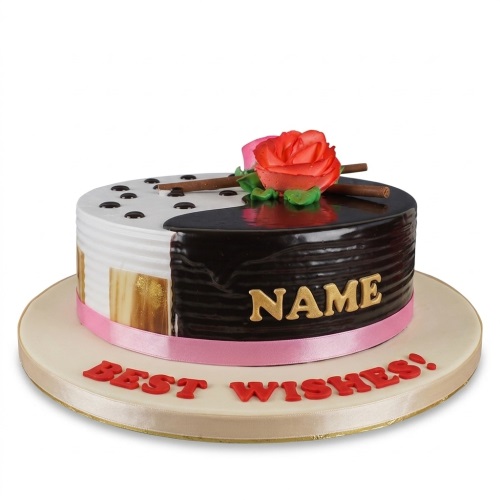 Round split design cake with white and chocolate sides, red rose, gold accents, and a pink ribbon.