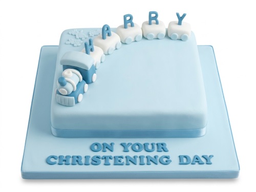 Two-tiered light blue square Christening cake with a blue and white train spelling out a name, and the message 'On Your Christening Day'.