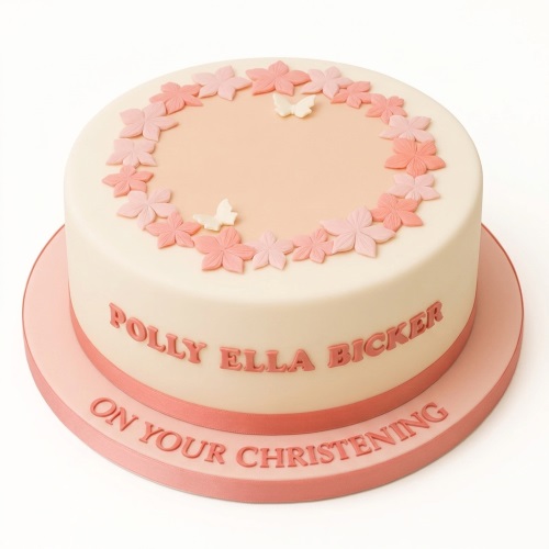 Round cream Christening cake with pink sugar flowers, white butterflies, and a pink ribbon.