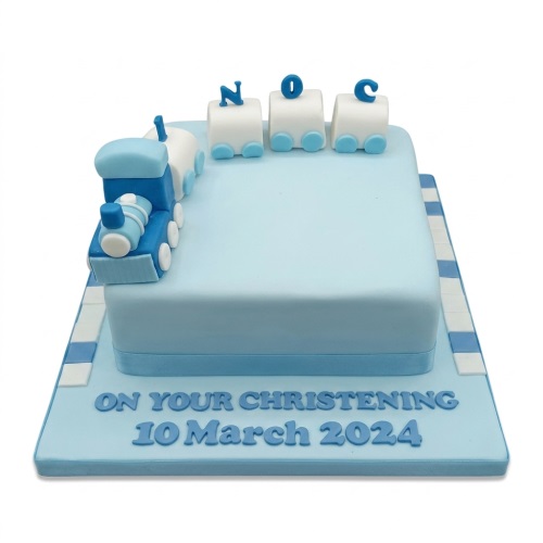 Two-tier blue and white train christening cake with custom message.