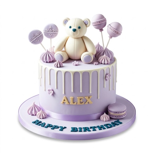 Lavender teddybear birthday cake with white drip, meringue kisses, lollipops, and a personalised name.