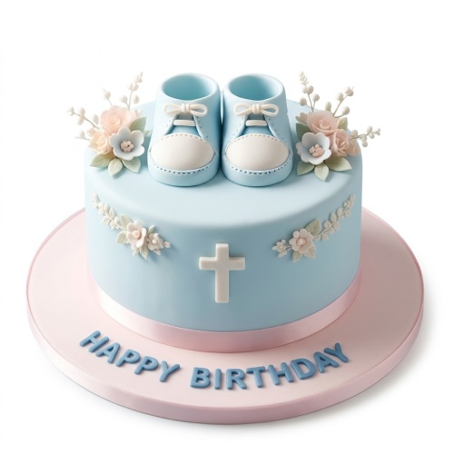Baby blue christening cake with baby booties, white cross, and pastel flowers.