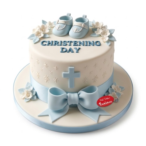 White and blue Christening Day cake for boys with baby booties, cross, and bow decorations.