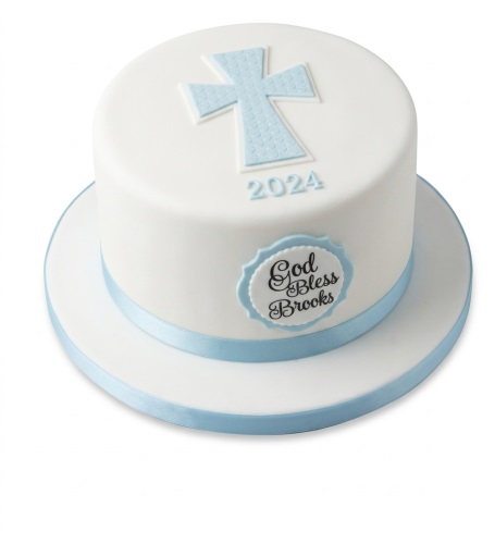White single-tier christening cake with a blue cross and a blue ribbon, featuring a custom message plaque.