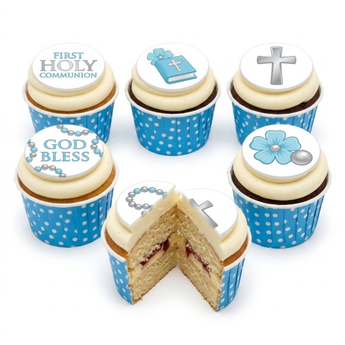 Cupcakes with white frosting and blue polka dot wrappers, topped with First Holy Communion, God Bless, cross, bible, and flower designs.