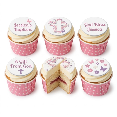 Set of pink and white cupcakes with floral, butterfly, and cross toppers, in pink polka dot cases.
