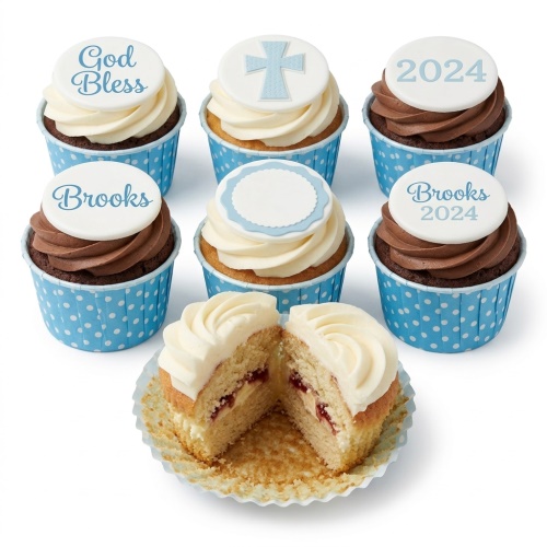 Blue and white Christening cupcakes with "God Bless" and cross toppers, plus customisable name and year toppers. One cupcake is cut open.