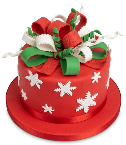 Red Christmas cake with white snowflakes and red, green, white ribbon decorations