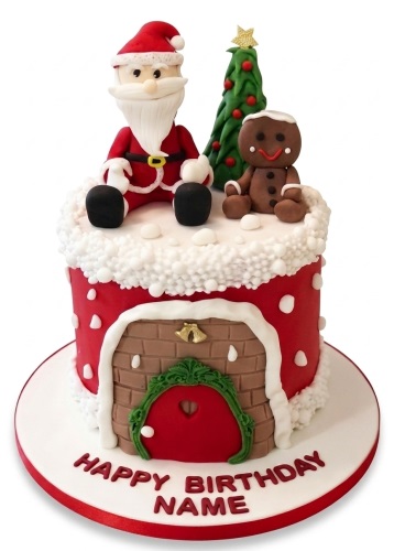Round red and white Christmas birthday cake with Santa, gingerbread man, Christmas tree, and chimney decorations.