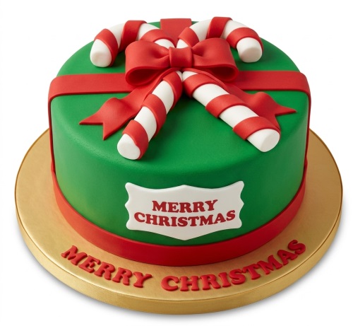 Round green Christmas cake decorated with red ribbon, bow, candy canes, and "Merry Christmas" message.