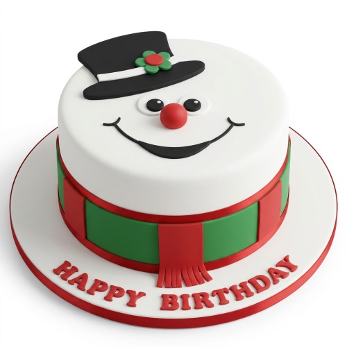 Round white snowman birthday cake with black top hat, red nose, and green and red scarf.