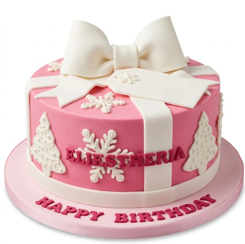 Pink round cake decorated as a gift box with a white bow, snowflakes, and Christmas trees.