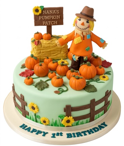 Round green cake with scarecrow, pumpkins, fence, sunflowers, 'Nana's Pumpkin Patch' sign, and a birthday message.