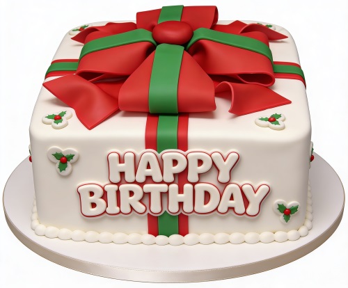 White gift box birthday cake with red and green bow and holly decorations, featuring "Happy Birthday" message.