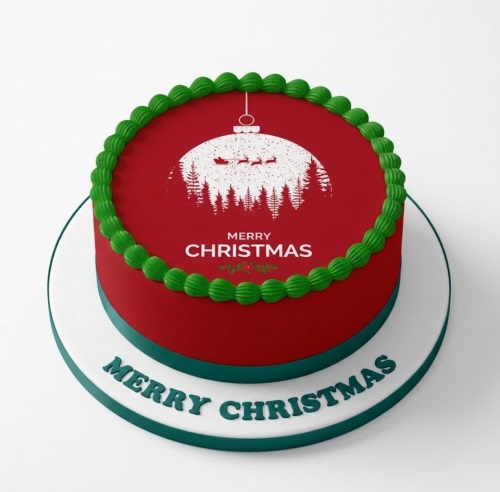 Round red Christmas cake with green piping, Santa's sleigh, reindeer, pine trees, and 'Merry Christmas' text.