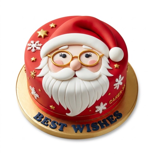 Round red Santa Claus face cake with white beard, red hat, gold glasses, snowflakes, and stars on a gold board.