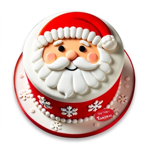 Round Santa Claus face Christmas cake with red hat, white beard, and snowflakes.