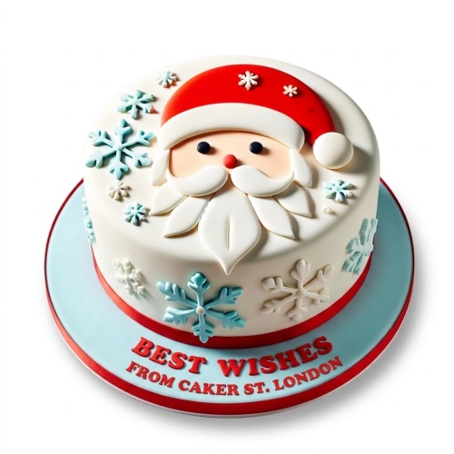 Round white cake with 3D Santa Claus face and blue and white snowflake decorations.