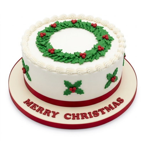 White round cake with a green holly wreath and red berries on top, red ribbon, and 'Merry Christmas' text on the board.