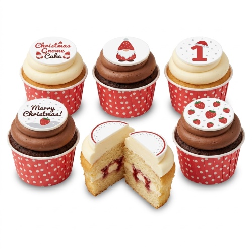 Christmas cupcakes with gnome, strawberry, and custom age toppers on vanilla and chocolate frosting.