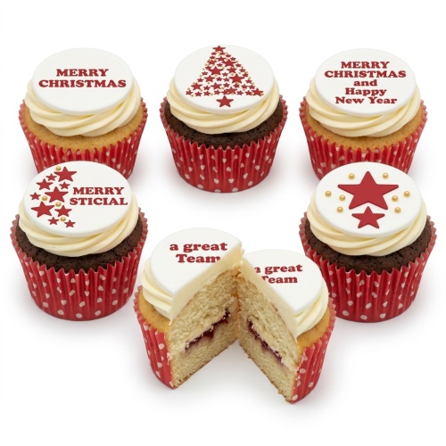 Christmas cupcakes with red star designs and festive messages on white fondant toppers.