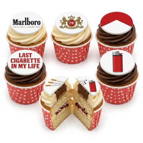 Cupcakes with 'Last Cigarette in My Life' message, Marlboro logo, lighter, and cigarette toppers.