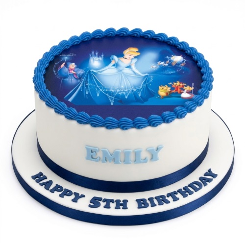 Round white birthday cake with a blue Cinderella edible image, blue piped border, and blue ribbon.