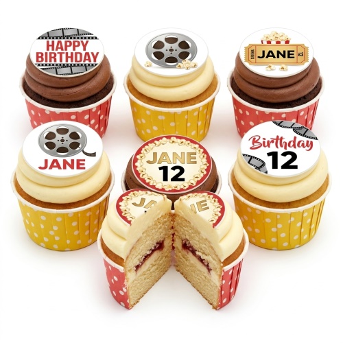 Movie theme cupcakes with film reels, popcorn, and cinema ticket toppers, with custom age and name.