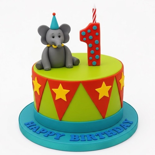 Round 1st birthday cake with a grey elephant, red number one topper, and circus bunting.