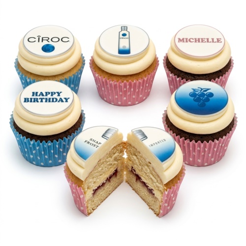 Cupcakes with Cîroc branding, including logo, bottle, and grapes, with 'Happy Birthday' and a custom name example.