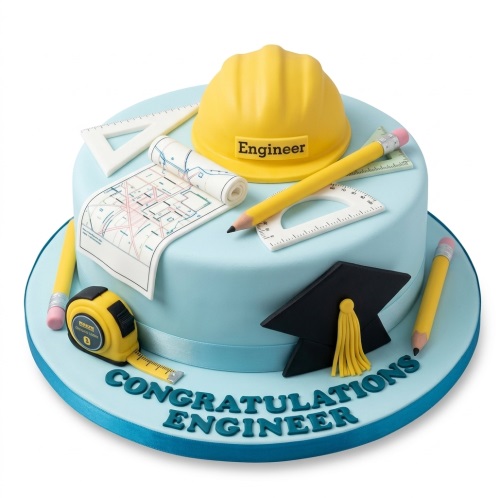 Light blue engineer theme cake with hard hat, blueprint, tools, and graduation cap.