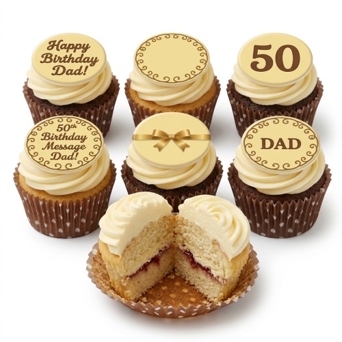 Assortment of birthday cupcakes with cream frosting and customisable gold toppers, including a custom age and message.