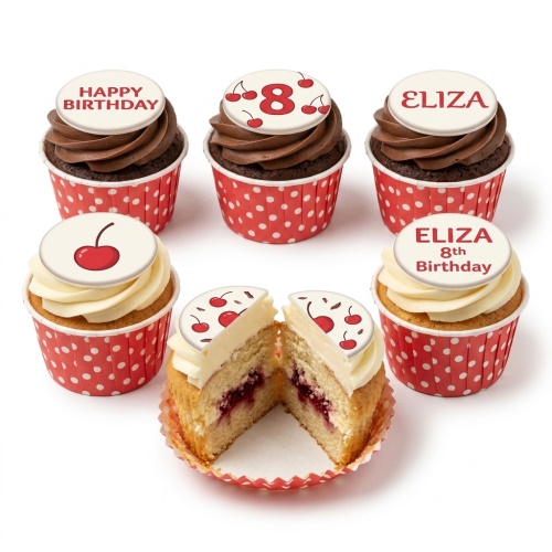 Assortment of cherry-themed birthday cupcakes with custom age and name toppers in red polka dot cases.
