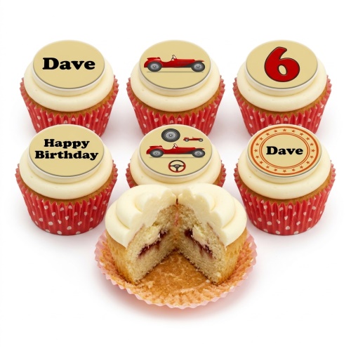 Set of classic red car themed birthday cupcakes with custom age and name toppers.