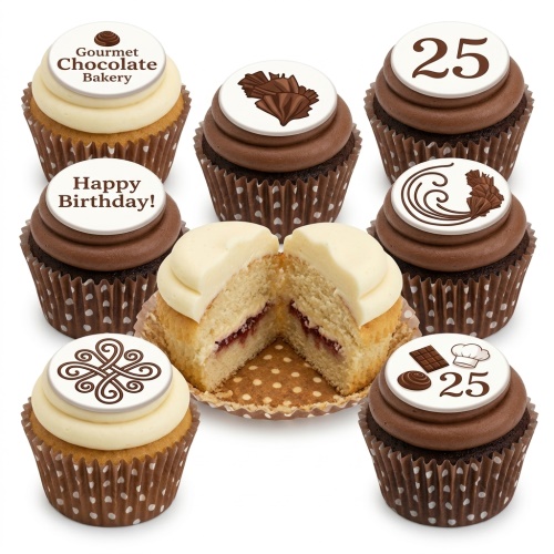 Assortment of chocolate and vanilla cupcakes with chocolate decorations and custom age toppers.