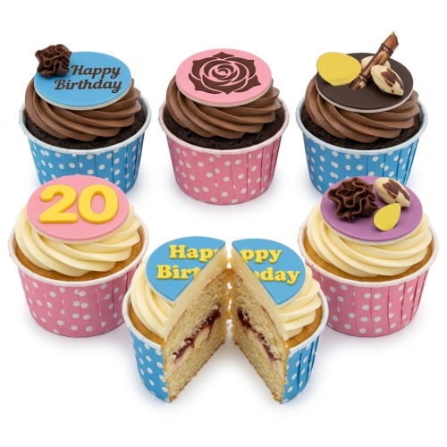 Assorted birthday cupcakes with chocolate, rose, and custom age/message toppers in pink and blue wrappers.