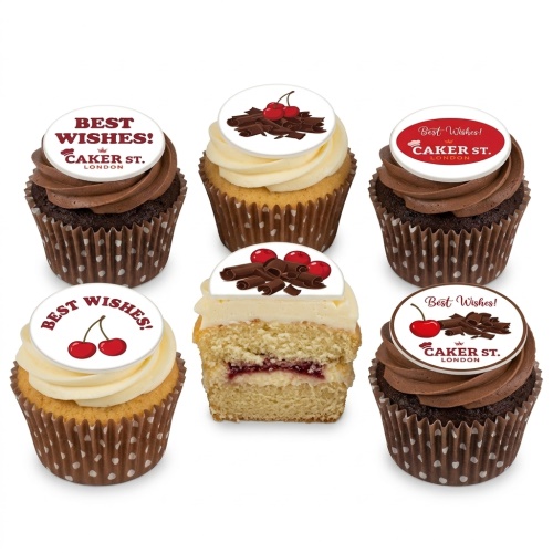 A set of chocolate and vanilla cupcakes decorated with "Best Wishes!" and cherry chocolate curl edible toppers.