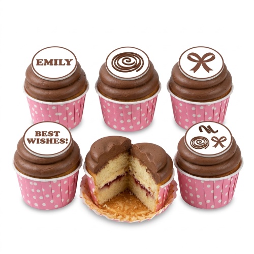 Chocolate frosted cupcakes in pink cases with customisable edible toppers featuring swirls, bows, and messages.