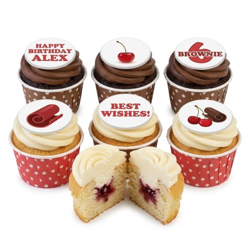 A selection of personalised birthday and celebration cupcakes with custom message and age toppers, including cherries and cinnamon decorations.