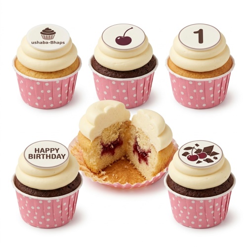 Assorted personalised birthday cupcakes with custom age and message toppers, including cherry and chocolate designs.