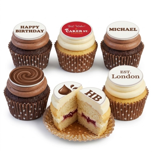 Selection of chocolate and vanilla cupcakes with custom message toppers including 'Happy Birthday', 'Best Wishes', and a chocolate swirl.