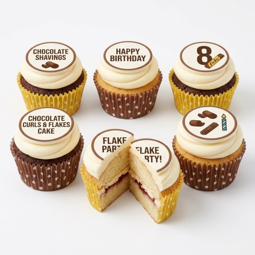 Chocolate and vanilla cupcakes with cream frosting and edible chocolate flake birthday toppers.